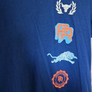 Under Armour Project Rock Boys Youth L Blue Multi Logo Varsity Training Shirt